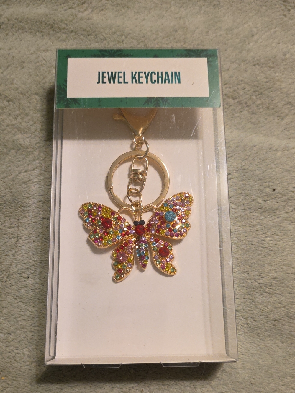 Jewel Keychain Gold Butterfly Keyring with Multicolor Rhinestones